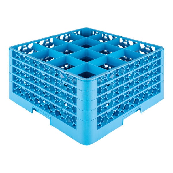 A blue plastic glass rack with 16 compartments and four extenders.
