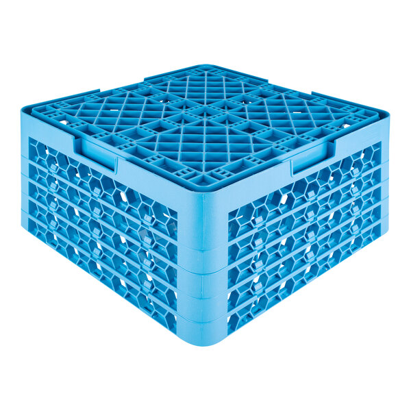 A blue plastic 16-compartment glass rack with four extenders.