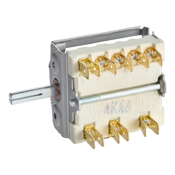 A rotary switch with multiple brass terminals and a metal shaft, used for controlling heat settings on commercial kitchen equipment.