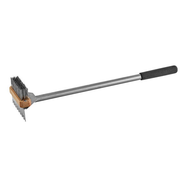 A long metal rod with metal bristles on a white background.