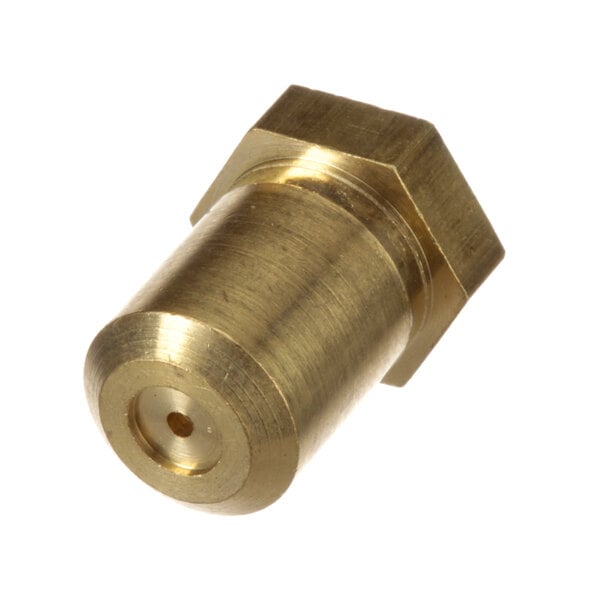 A close-up of a brass nut with a brass connector.