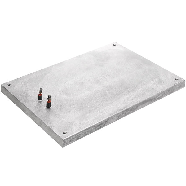 A silver metal Marshall platen with screws.