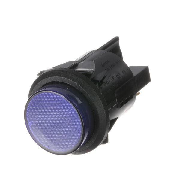 A black push button with a round blue light.