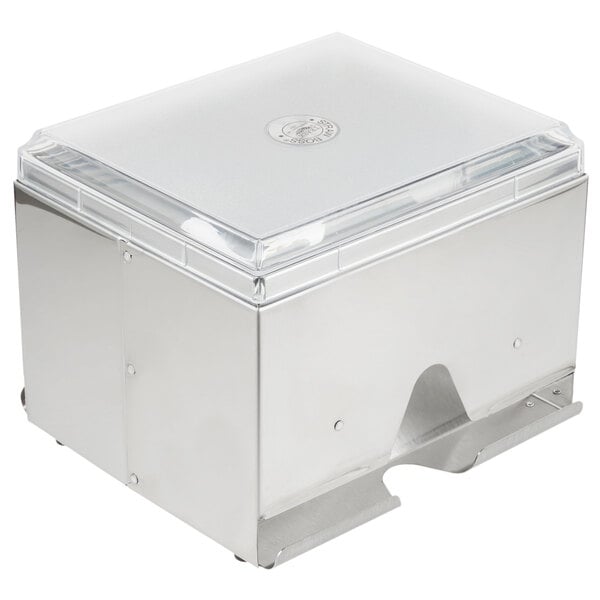 A stainless steel box with a clear lid containing wrapped straws.