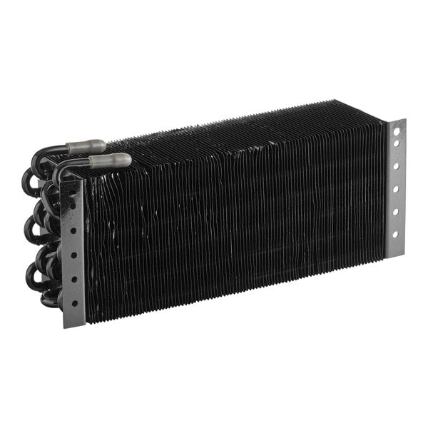 A rectangular metal component with multiple parallel fins and coiled tubes on one end, likely part of a cooling or refrigeration system.