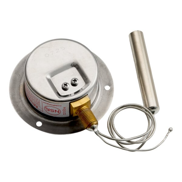 A round metal thermometer with a probe and attached coiled wire, designed for commercial use.