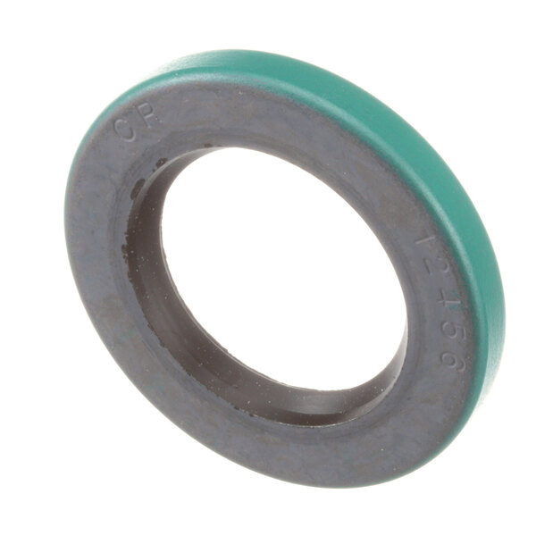 A close-up of a grey and green round rubber seal.