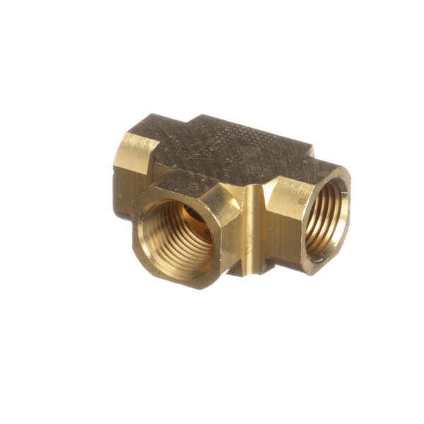 A close-up of a Groen brass threaded pipe fitting.