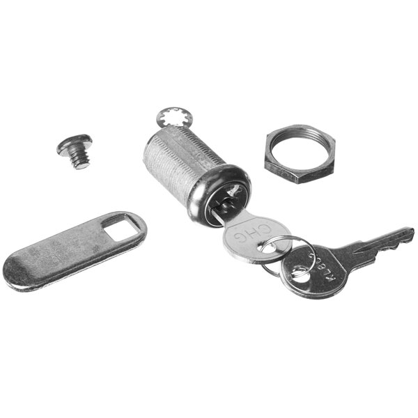 A Component Hardware stainless steel cylinder lock with keys on a key ring.