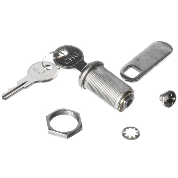 A Component Hardware stainless steel cylinder lock with a key and keyring.