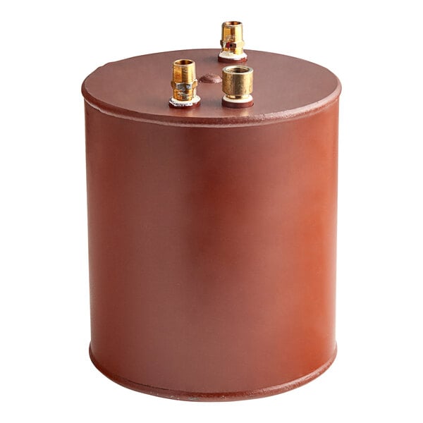 A brown metal cylinder with two copper plugs.