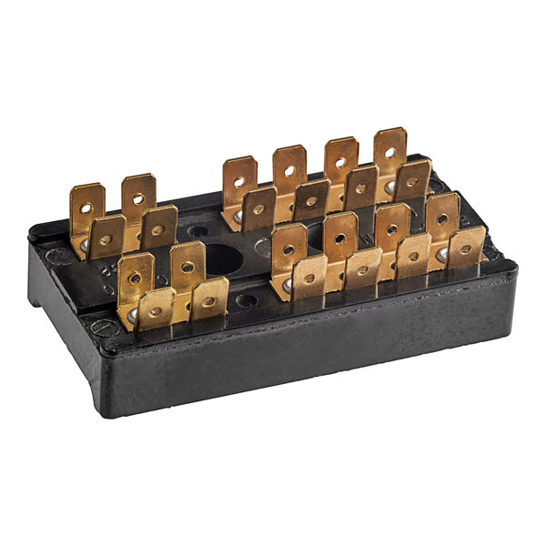 A black rectangular Metro Terminal Block with gold colored metal connectors.