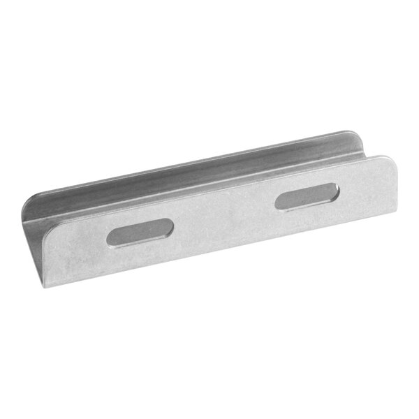 A metal bracket with two elongated holes, likely used for mounting or support purposes.