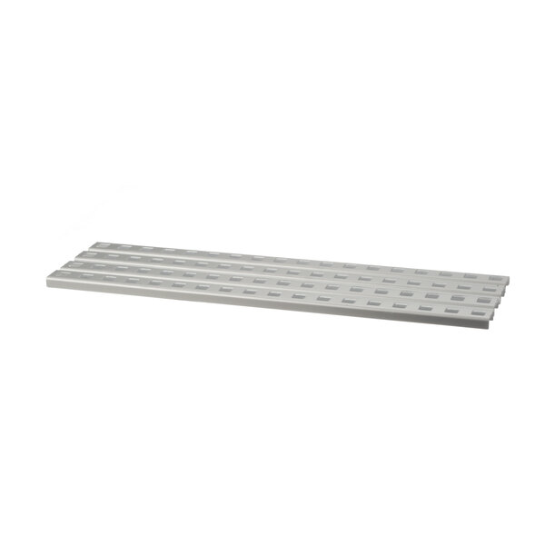 A white metal Randell pilaster shelf with holes.