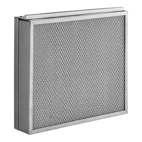 A rectangular metal-framed filter with a mesh-like surface.