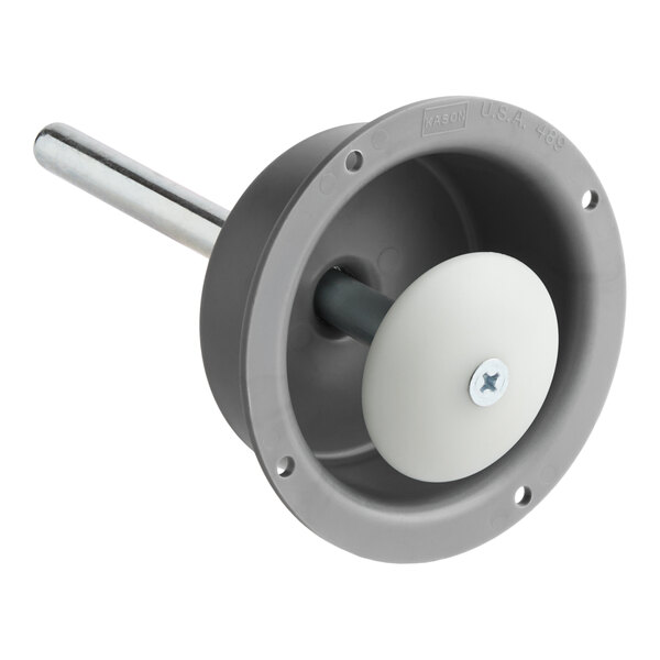 An inside door release mechanism with a round gray base, a white release button, and a metal rod.