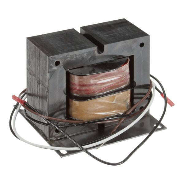 A close-up of a black rectangular Hoshizaki transformer with wires on it.