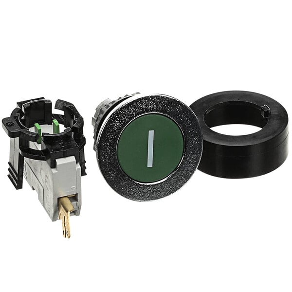 A green and black Robot Coupe On button with a green ring.