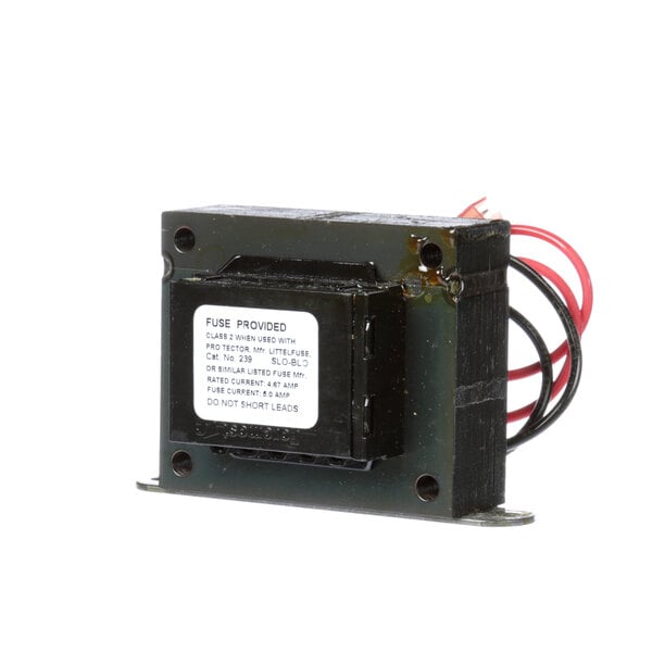 A close-up of a black Duke 230v transformer with red wires.