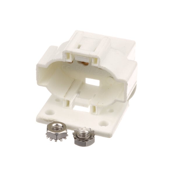 A white plastic Prince Castle light socket with two metal screws.