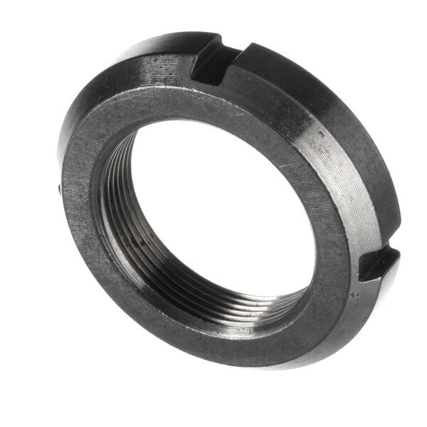 A close-up of a black Hobart aluminum nut.