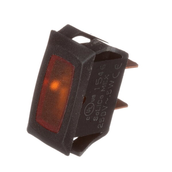 A close-up of a Groen orange light switch with a black cover.