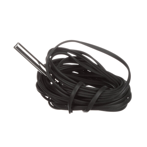A black cord with a metal rod on a white background.