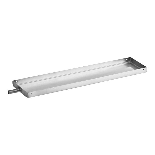 A rectangular stainless steel tray with raised edges and a small cylindrical spout on one end.