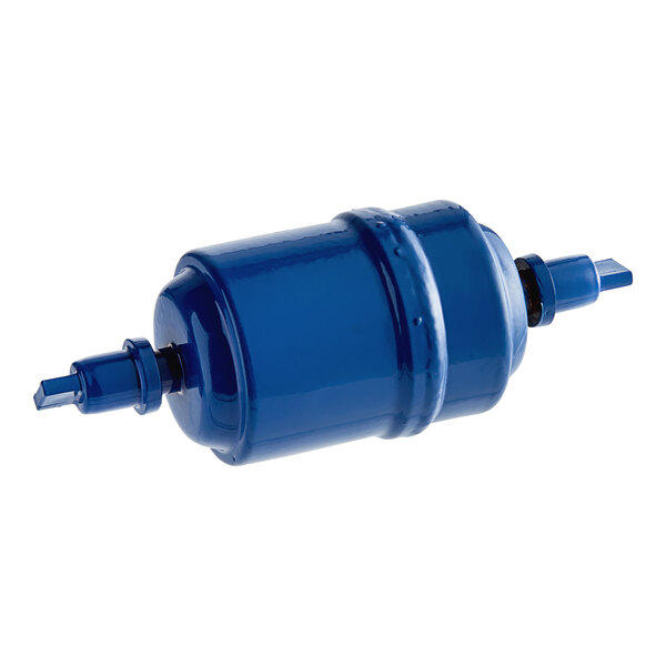 A blue cylindrical Ice-O-Matic drier on a white background.