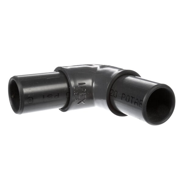 A black plastic elbow with two nozzles.