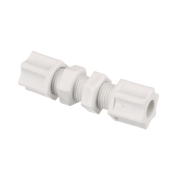 A white plastic pipe with a white plastic nut on one end.