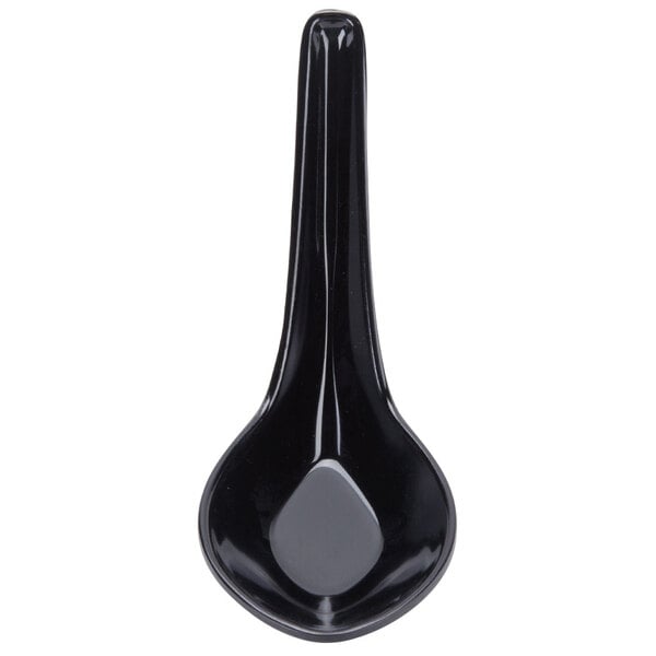 A black spoon with a grey handle.