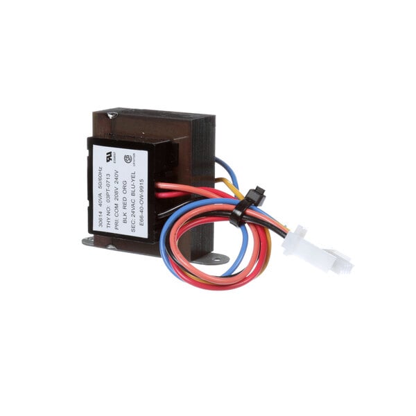 A Henny Penny 24v/230v transformer with several colored wires connected to a metal pole.