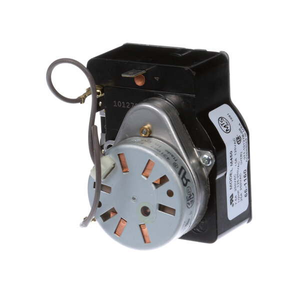 A NU-VU 24 hr timer with a small black and silver device with a wire attached to a small motor.