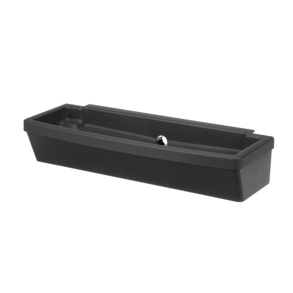 A black rectangular plastic drain pan with a handle and holes on the bottom.