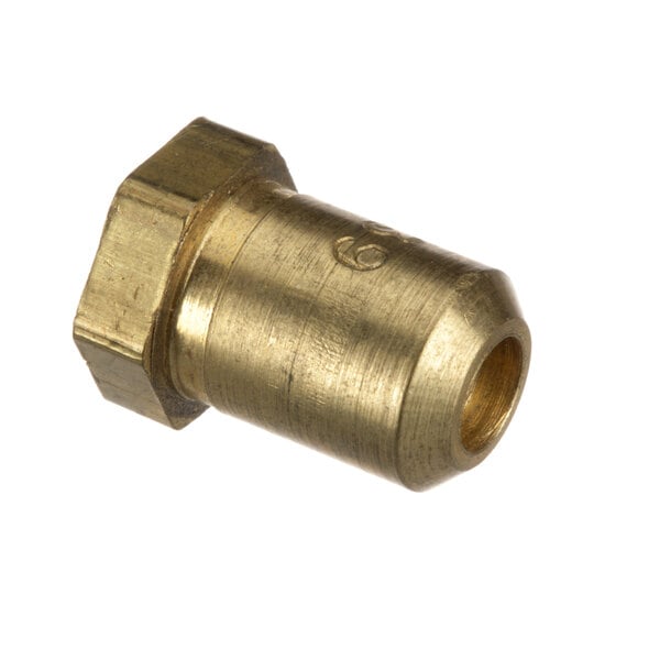 A close-up of a brass threaded nut.