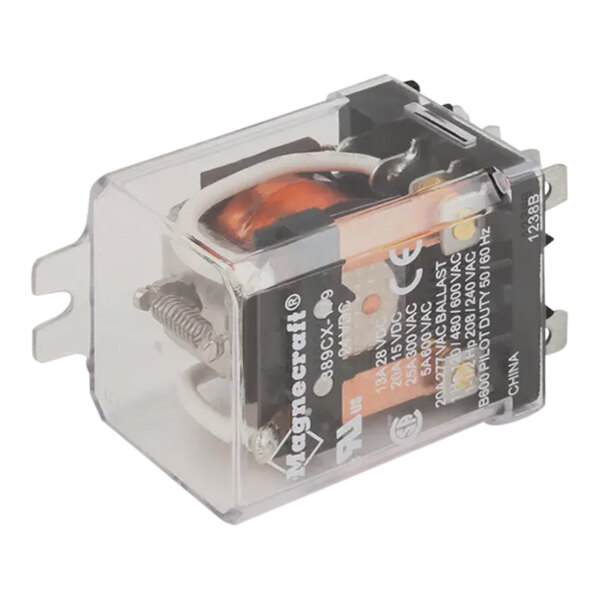 A small, clear, and orange TurboChef 2 Pole Relay in a transparent box with a wire and a spring.