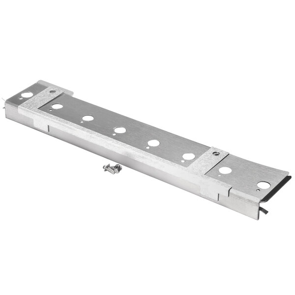 A stainless steel APW Wyott bracket with holes.