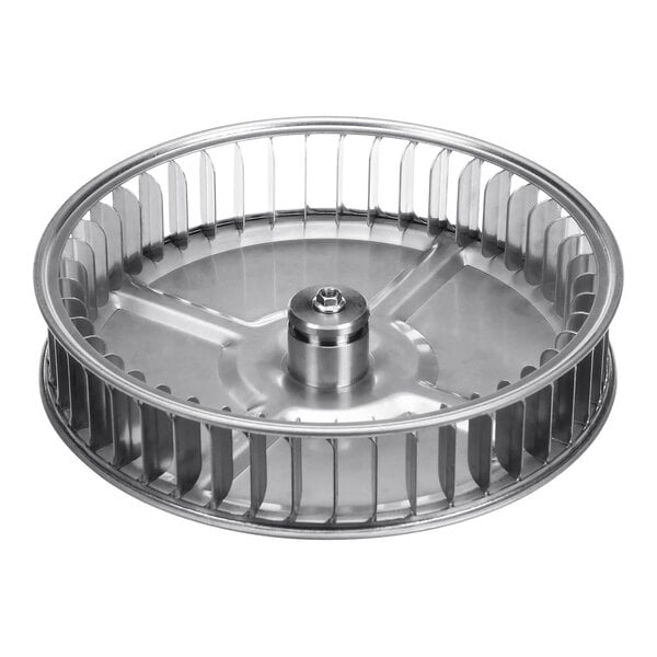 A circular metal fan with a metal disc and metal blade with holes.