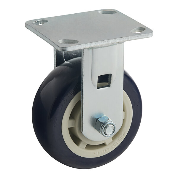 A black and white castor with a metal wheel and plate.