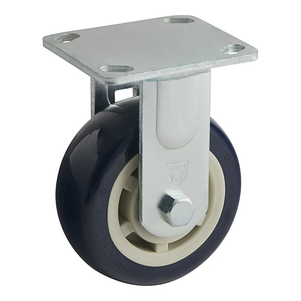 A Food Warming Equipment CSTR castor with a blue and white wheel and metal plate.