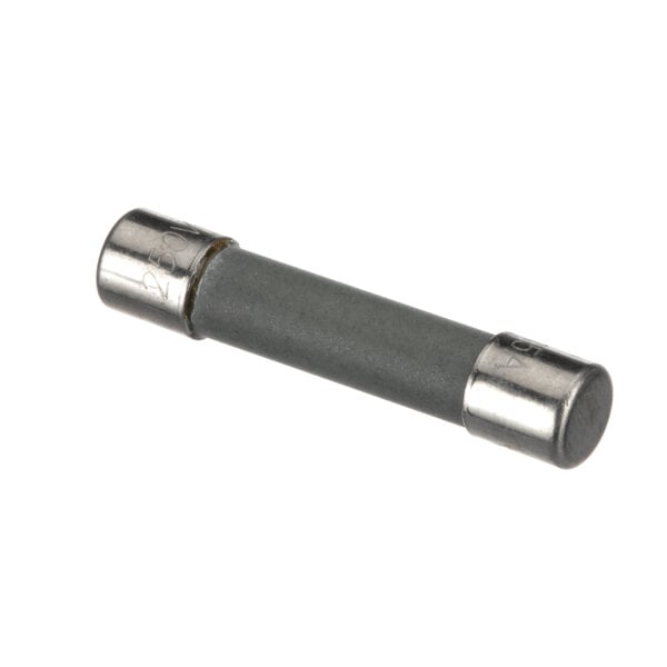 A close-up of a Henny Penny gray metal fuse with silver metal ends.