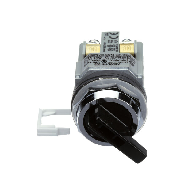 A close-up of a black and white Avtec 3 position selector switch with a white button.