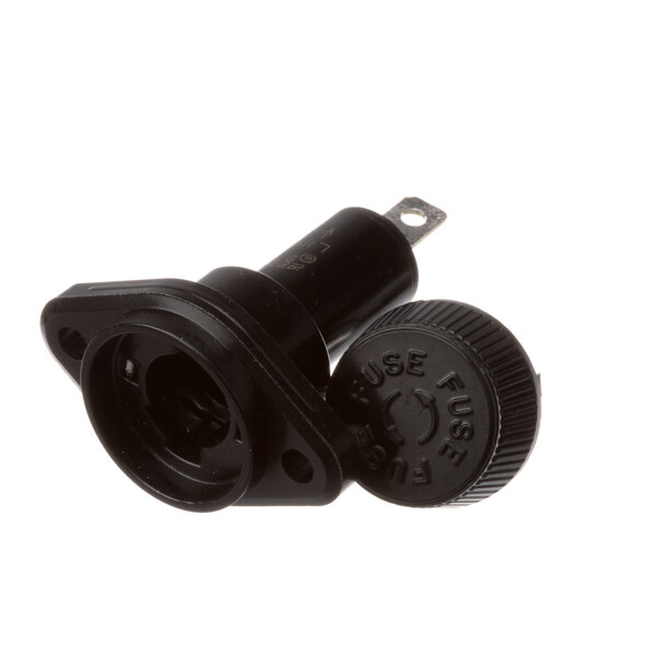 A black plastic Vulcan fuse holder with a black cap.
