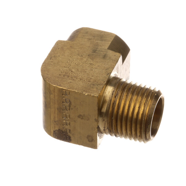 A brass Vulcan elbow with a threaded pipe fitting.