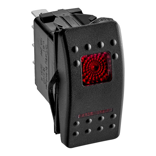 A black rectangular Cleveland on/off/on switch with a red light.
