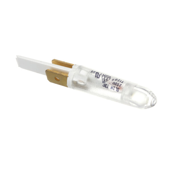 A clear light bulb with a white plastic tip and gold handle.