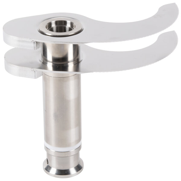 A silver Robot Coupe adjustable fine serrated "S" blade assembly with a round hole.