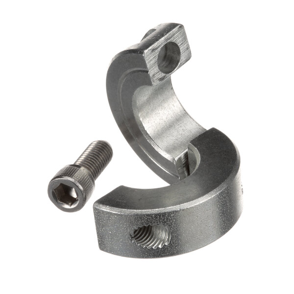 A close-up of a Hobart metal clamp with a screw and nut.