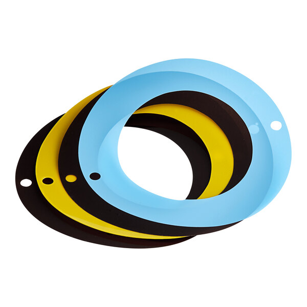 A group of three circular rubber rings, one yellow, one blue, and one white.